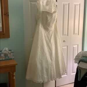 Ivory tea length Strapless lace wedding dress